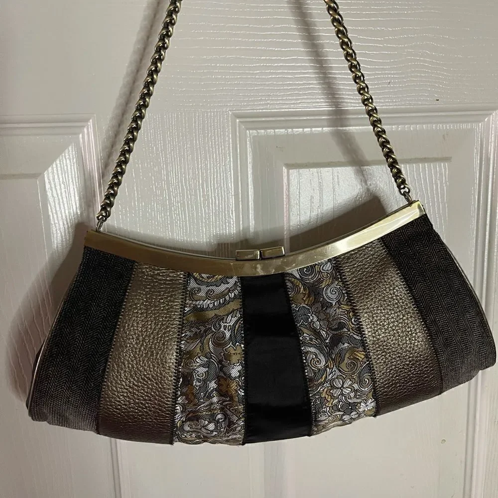 Talbots vintage black,copper & gray clutch with  a rustic gold tone chain